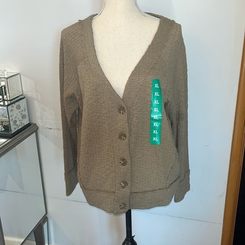 Two Vince Camuto Cardigan Women XL V-Neck Button Brown Textured Long Sleeve